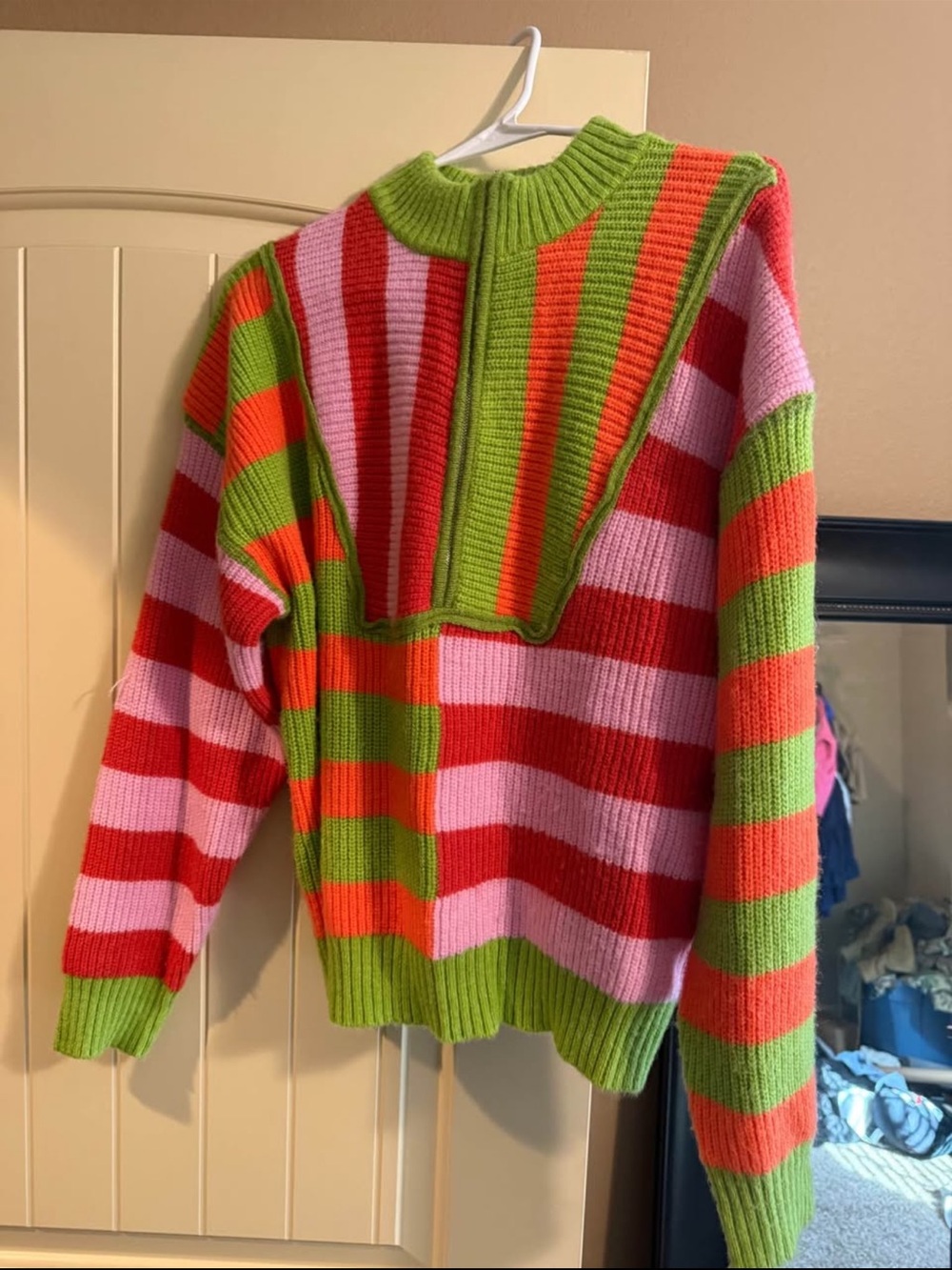 Colorblock Striped Crewneck Sweater in Green, Pink & Red